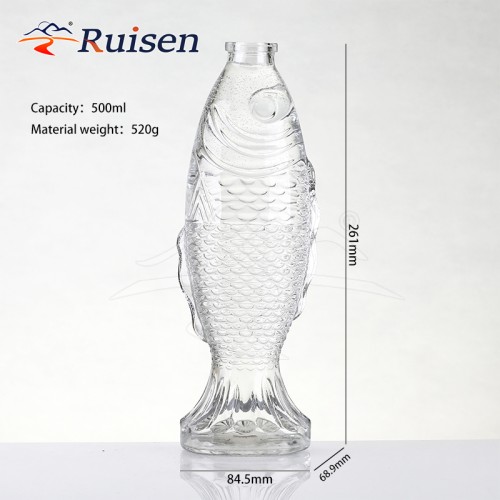 Wholesale New Design Fish Unique Style Animal Glass Bottle Customized Water Bottle with Sealed Lid Beverage White Wine 500ml