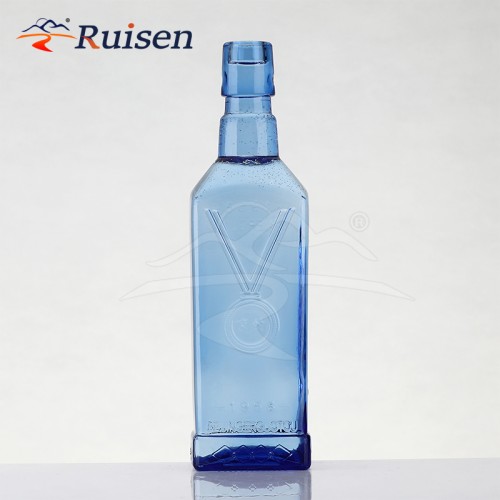 500ml Custom Design Embossed Logo Square Blue Glass Empty Bottle for Beverage Liquor Alcohol