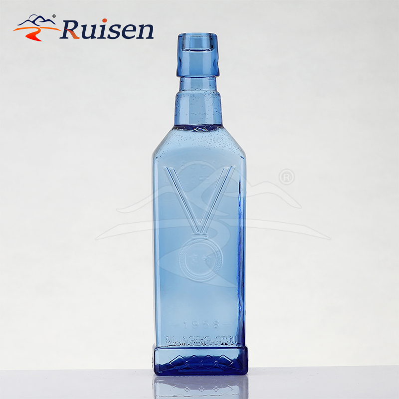 500ml Custom Design Embossed Logo Square Blue Glass Empty Bottle for Beverage Liquor Alcohol 