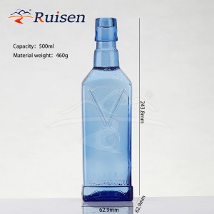 500ml Custom Design Embossed Logo Square Blue Glass Empty Bottle for Beverage Liquor Alcohol 