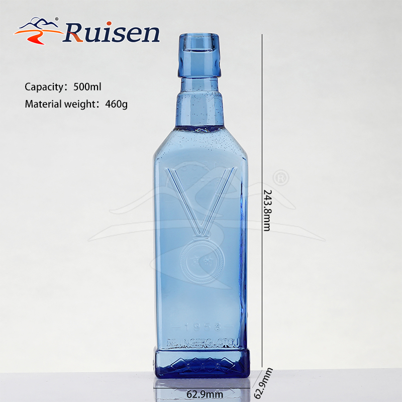 500ml Custom Design Embossed Logo Square Blue Glass Empty Bottle for Beverage Liquor Alcohol 