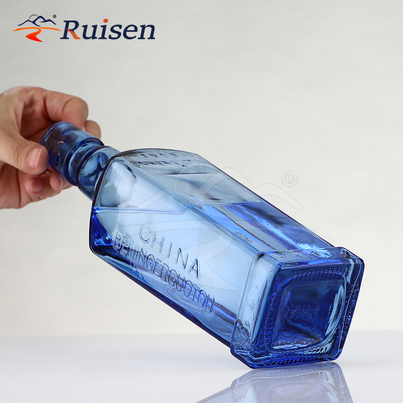500ml Custom Design Embossed Logo Square Blue Glass Empty Bottle for Beverage Liquor Alcohol 