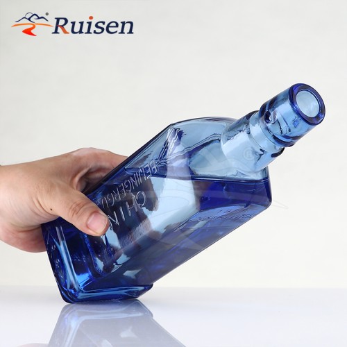 500ml Custom Design Embossed Logo Square Blue Glass Empty Bottle for Beverage Liquor Alcohol