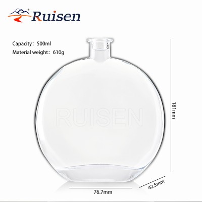 Flat Unique Clear Flat Round Glass Gin Glass Bottle 500ml