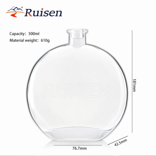 Flat Unique Clear Flat Round Glass Gin Glass Bottle 500ml