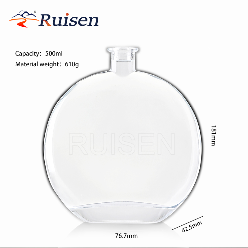Flat Unique Clear Flat Round Glass Gin Glass Bottle 500ml 