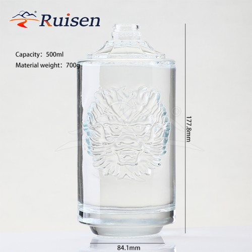Custom Logo Round Shaped Tiger Engraved Lead-Free Glass Whiskey Decanter for Tequila and Brandy with Cork Sealing