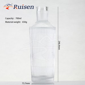 Luxury Customized Stripe Design 750ml Clear Glass Gin Rum Bottle Cork Lid 700ml 500ml Brandy 1000ml Capacity Tequila Bottle 