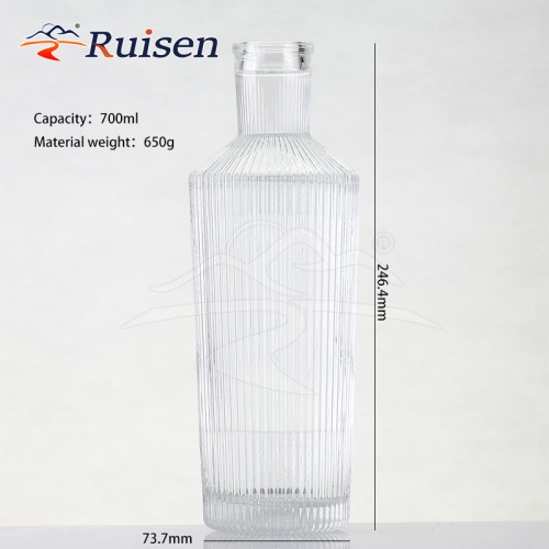 Luxury Customized Stripe Design 750ml Clear Glass Gin Rum Bottle Cork Lid 700ml 500ml Brandy 1000ml Capacity Tequila Bottle