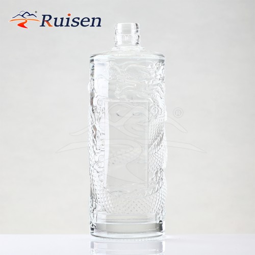 Custom 500ml New Dragon Embossed Printing White Wine Glass Bottle Transparent Brandy Whiskey Vodka Liquor Round Glass Bottle