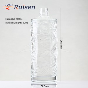 Custom 500ml New Dragon Embossed Printing White Wine Glass Bottle Transparent Brandy Whiskey Vodka Liquor Round Glass Bottle 