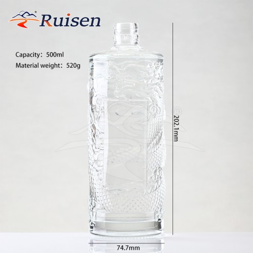 Custom 500ml New Dragon Embossed Printing White Wine Glass Bottle Transparent Brandy Whiskey Vodka Liquor Round Glass Bottle