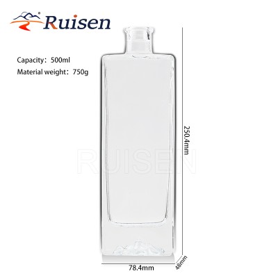 Square Mountain Bottom Super Flint Glass Liquor Bottle Packaging Vodka Glass Bottle 500ml
