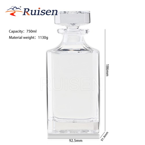 Wholesale High Quality Customized Engraved Square Whisky Bottle Set with Glass Stopper 750ml