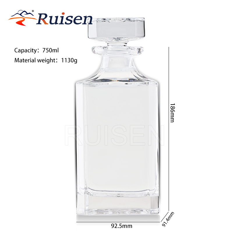 Wholesale High Quality Customized Engraved Square Whisky Bottle Set with Glass Stopper 750ml 